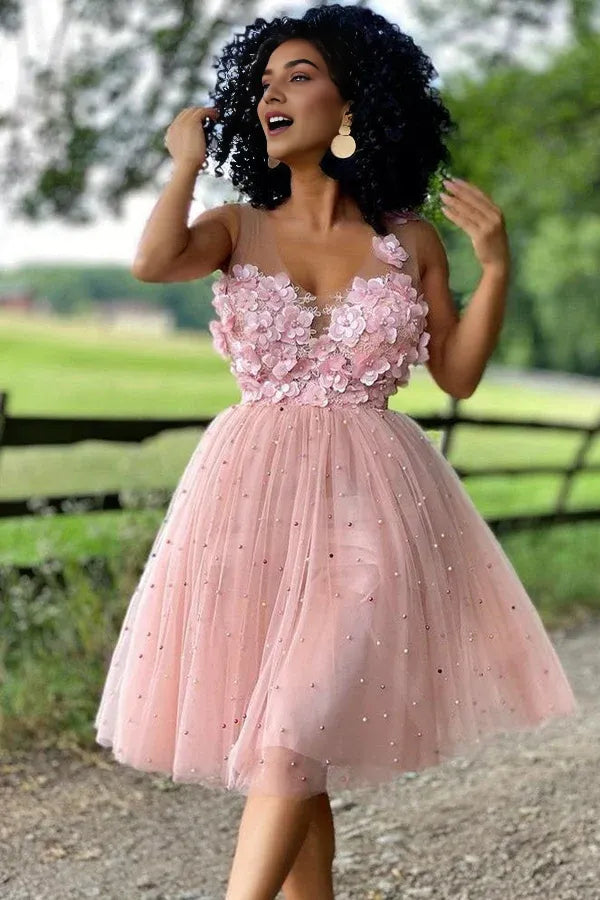 Dress A-Line Beaded Tulle Homecoming Dress Sleeveless Hand-made Flowers Party Dress