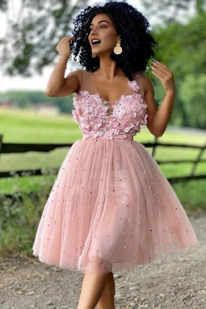 Dress A-Line Beaded Tulle Homecoming Dress Sleeveless Hand-made Flowers Party Dress