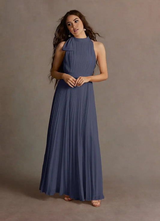 Dress A-Line Blue Halter Sleeveless Simple Chiffon Evening Dress Floor Length Pleats Prom Dress