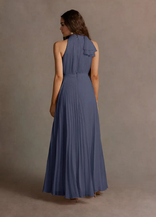 Dress A-Line Blue Halter Sleeveless Simple Chiffon Evening Dress Floor Length Pleats Prom Dress