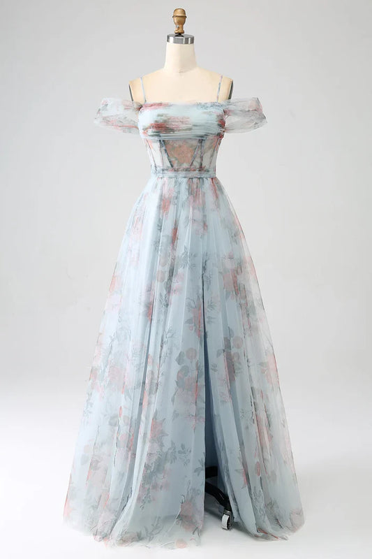 Dress A-Line Blue Printed Cold Shoulder Corset Party Dress Sleeveless Maxi Dress With Slit Prom Dress