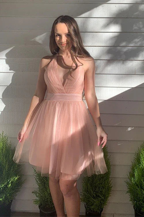 Dress A-Line Blush Deep V-Neck Tulle Homecoming Dress Sleeveless Open Back Party Dress