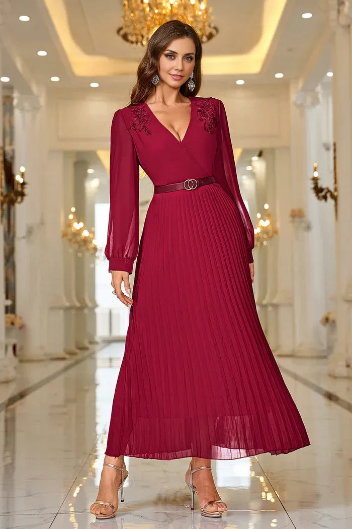 Dress A-Line Burgundy A Line V Neck Pleated Appliques Belted Mom Dress Midi Dress Long Sleeves Party Dress/No Accessory Belt