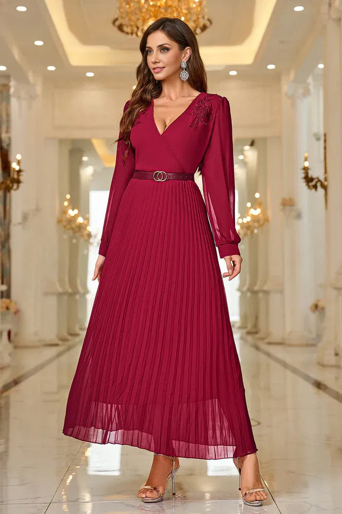 Dress A-Line Burgundy A Line V Neck Pleated Appliques Belted Mom Dress Midi Dress Long Sleeves Party Dress/No Accessory Belt