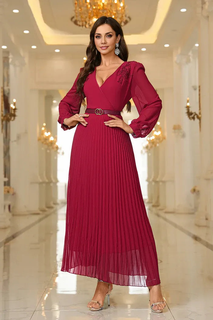 Dress A-Line Burgundy A Line V Neck Pleated Appliques Belted Mom Dress Midi Dress Long Sleeves Party Dress/No Accessory Belt