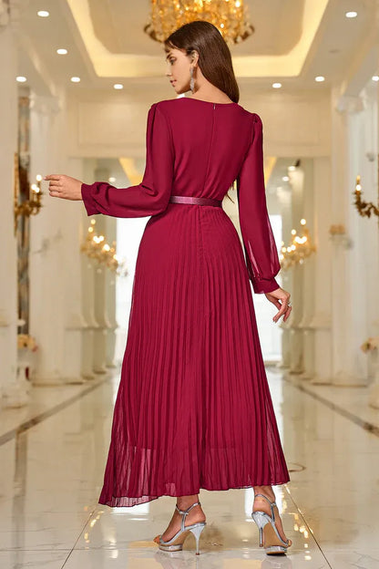 Dress A-Line Burgundy A Line V Neck Pleated Appliques Belted Mom Dress Midi Dress Long Sleeves Party Dress/No Accessory Belt