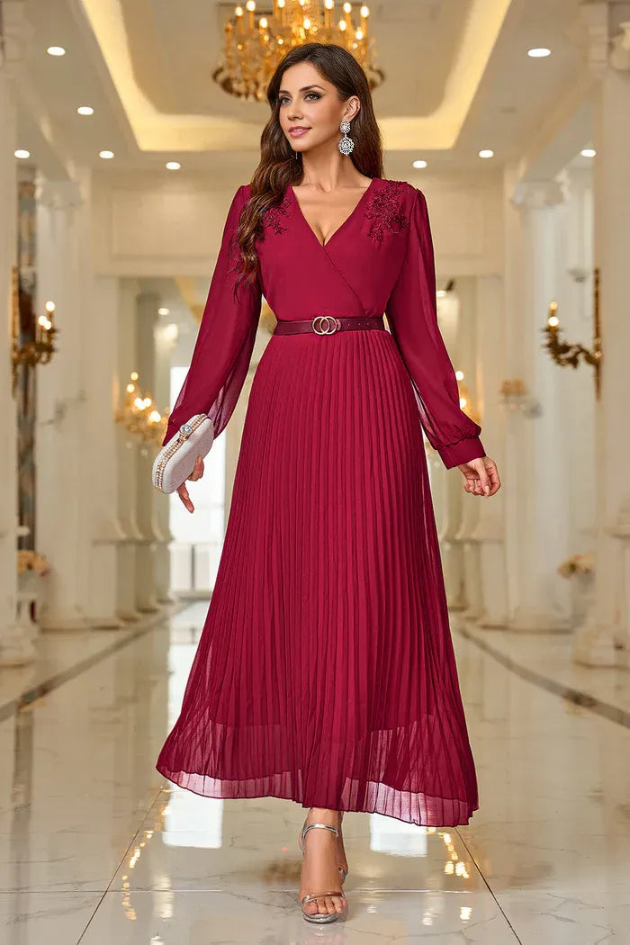 Dress A-Line Burgundy A Line V Neck Pleated Appliques Belted Mom Dress Midi Dress Long Sleeves Party Dress/No Accessory Belt