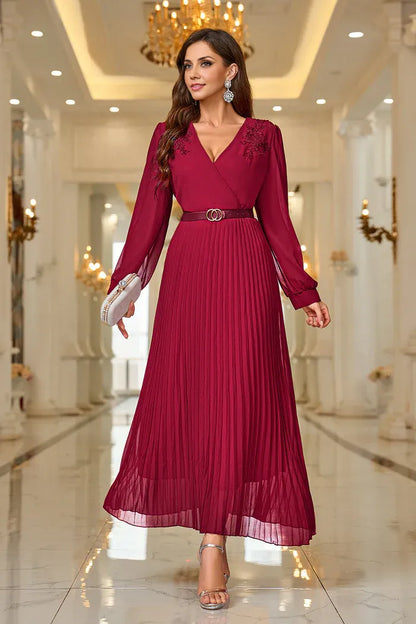 Dress A-Line Burgundy A Line V Neck Pleated Appliques Belted Mom Dress Midi Dress Long Sleeves Party Dress/No Accessory Belt