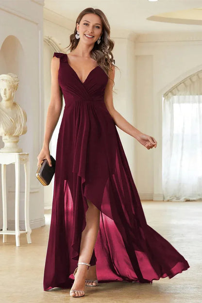 Dress A-Line Burgundy V-Neck Chiffon Sleeveless Maxi Dress With High Low Prom Dress
