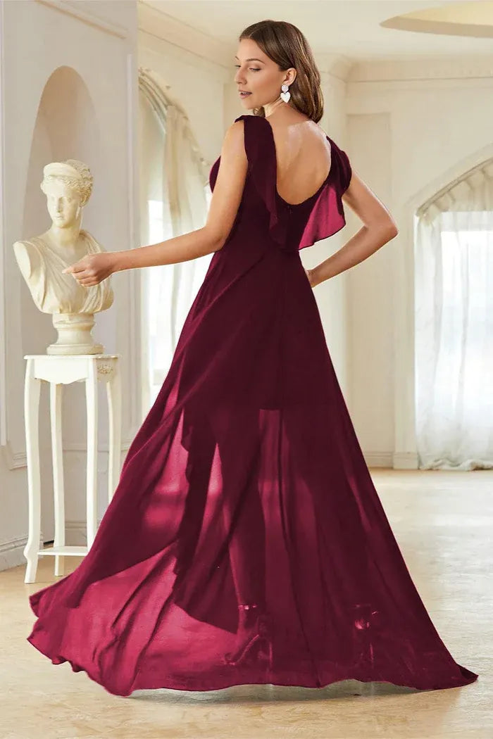 Dress A-Line Burgundy V-Neck Chiffon Sleeveless Maxi Dress With High Low Prom Dress