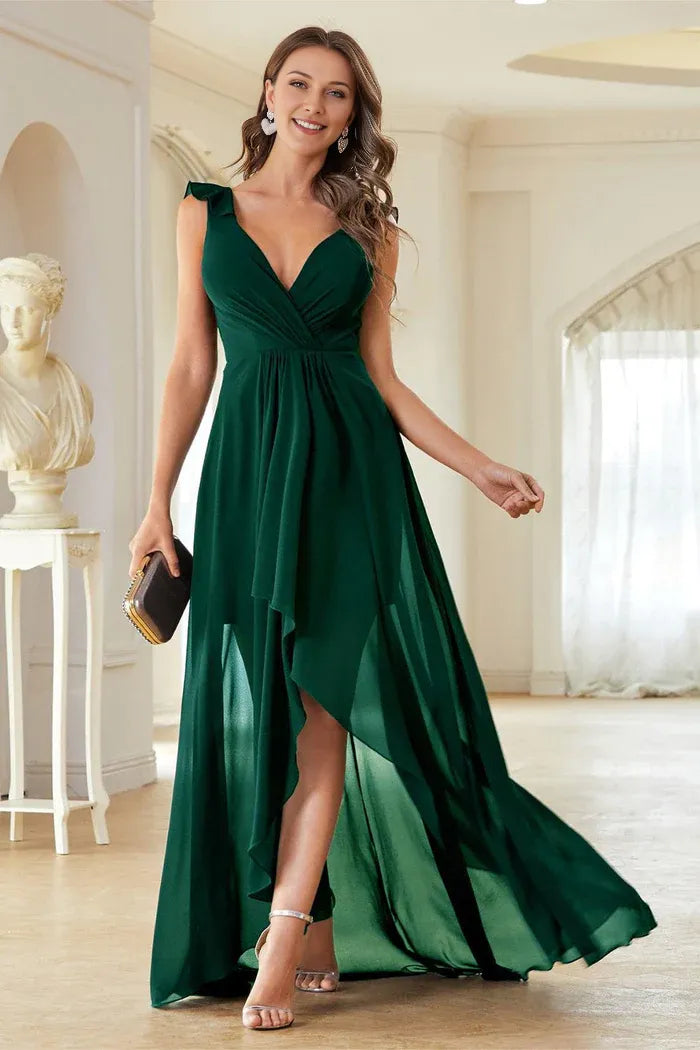 Dress A-Line Burgundy V-Neck Chiffon Sleeveless Maxi Dress With High Low Prom Dress