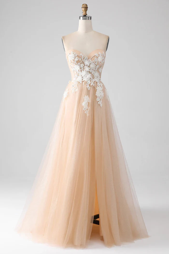 Dress A-Line Champagne Strapless Corset Party Dress Sleeveless Maxi Dress With Appliques Prom Dress