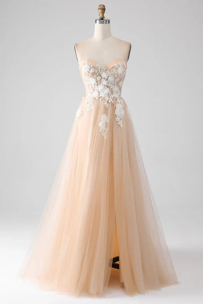 Dress A-Line Champagne Strapless Corset Party Dress Sleeveless Maxi Dress With Appliques Prom Dress