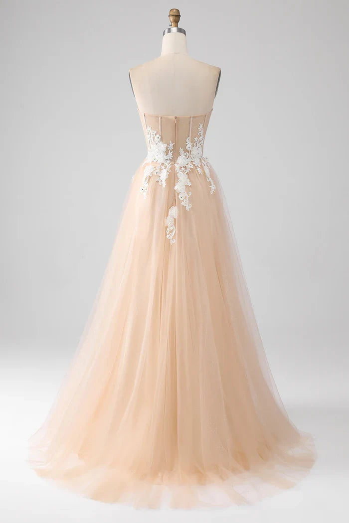 Dress A-Line Champagne Strapless Corset Party Dress Sleeveless Maxi Dress With Appliques Prom Dress