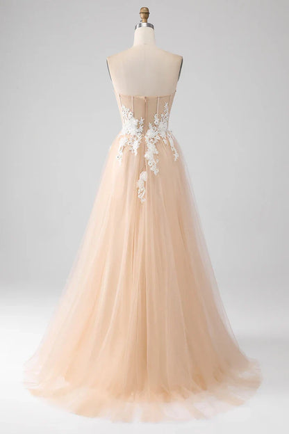 Dress A-Line Champagne Strapless Corset Party Dress Sleeveless Maxi Dress With Appliques Prom Dress