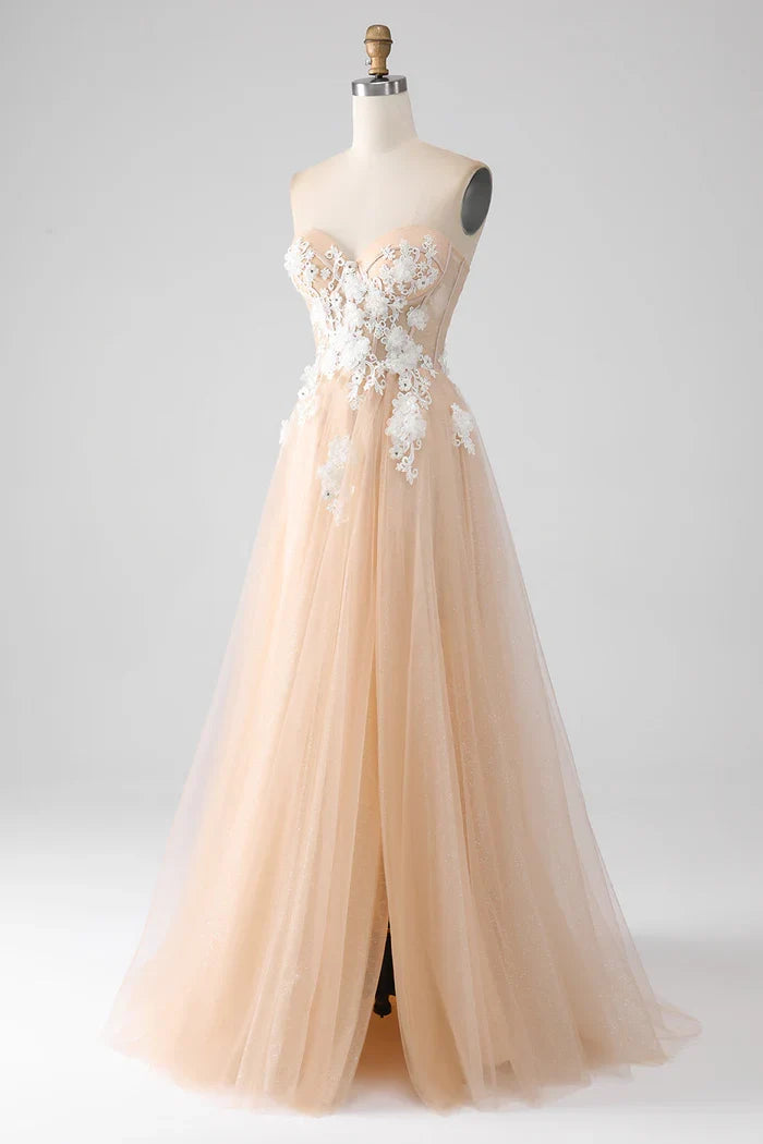 Dress A-Line Champagne Strapless Corset Party Dress Sleeveless Maxi Dress With Appliques Prom Dress