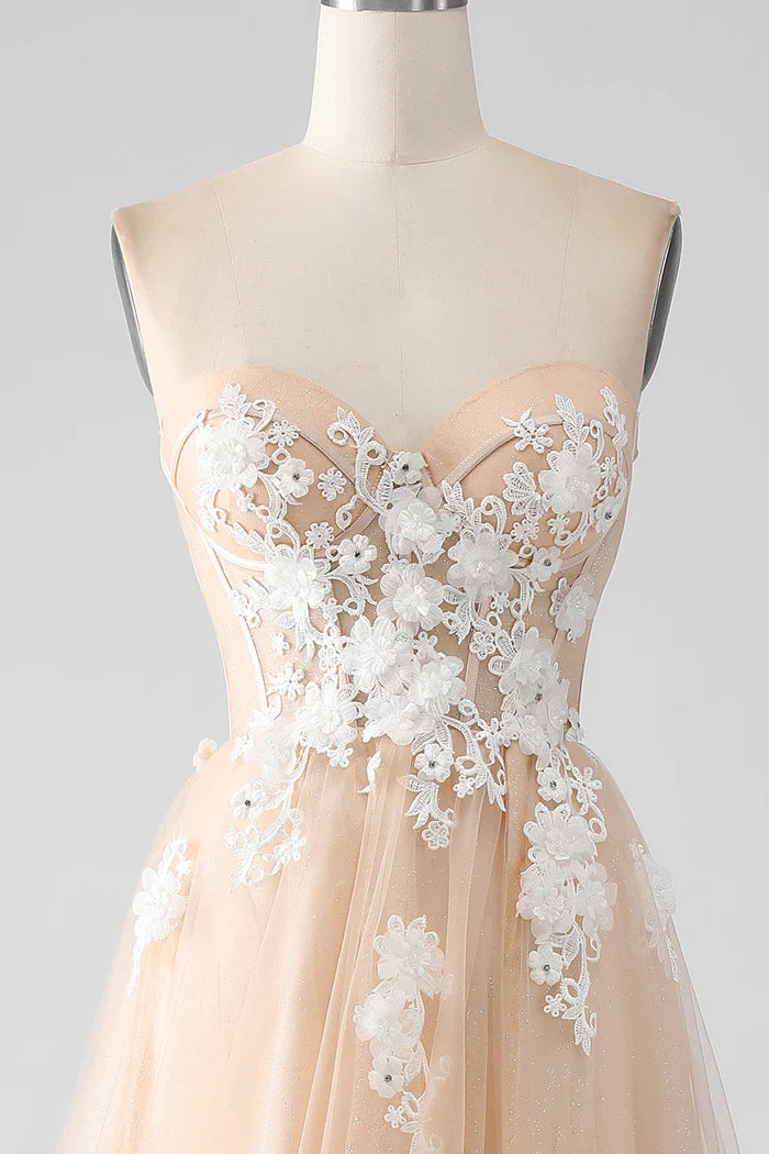 Dress A-Line Champagne Strapless Corset Party Dress Sleeveless Maxi Dress With Appliques Prom Dress