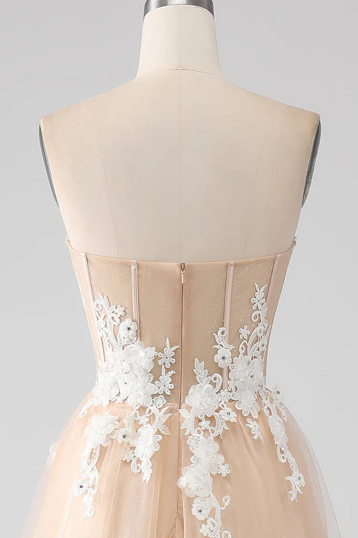 Dress A-Line Champagne Strapless Corset Party Dress Sleeveless Maxi Dress With Appliques Prom Dress