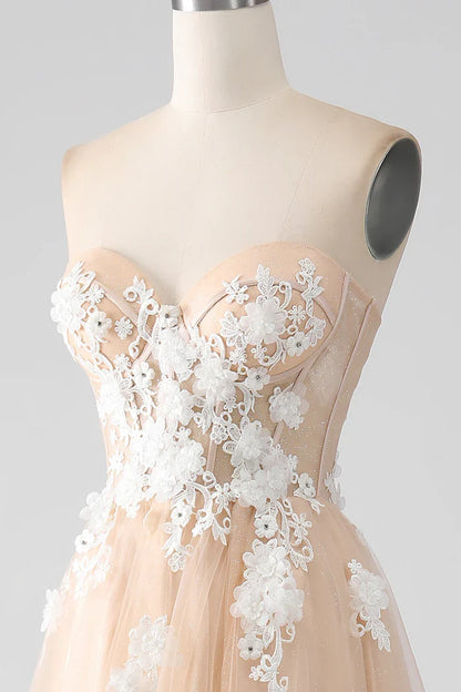 Dress A-Line Champagne Strapless Corset Party Dress Sleeveless Maxi Dress With Appliques Prom Dress