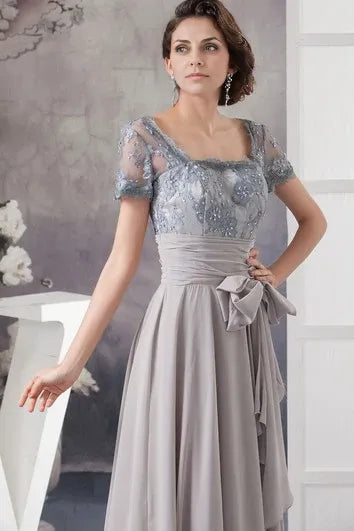 Dress A-Line Chiffon Pleated Illusion Caped Sleeve And Gown With Bow Mother of the Bride Dress