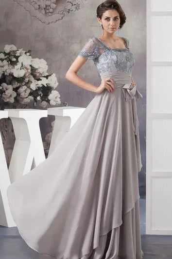 Dress A-Line Chiffon Pleated Illusion Caped Sleeve And Gown With Bow Mother of the Bride Dress