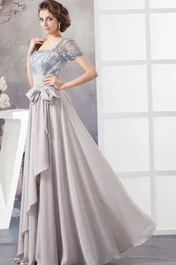 Dress A-Line Chiffon Pleated Illusion Caped Sleeve And Gown With Bow Mother of the Bride Dress