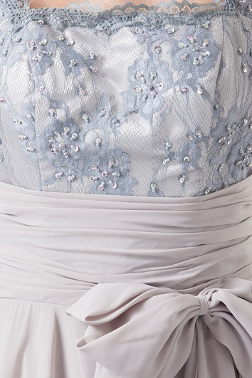 Dress A-Line Chiffon Pleated Illusion Caped Sleeve And Gown With Bow Mother of the Bride Dress