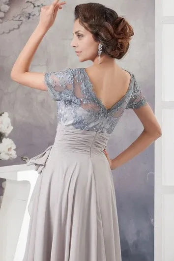 Dress A-Line Chiffon Pleated Illusion Caped Sleeve And Gown With Bow Mother of the Bride Dress