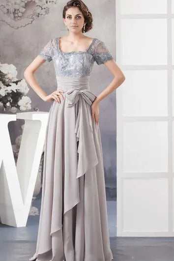 Dress A-Line Chiffon Pleated Illusion Caped Sleeve And Gown With Bow Mother of the Bride Dress