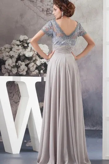 Dress A-Line Chiffon Pleated Illusion Caped Sleeve And Gown With Bow Mother of the Bride Dress