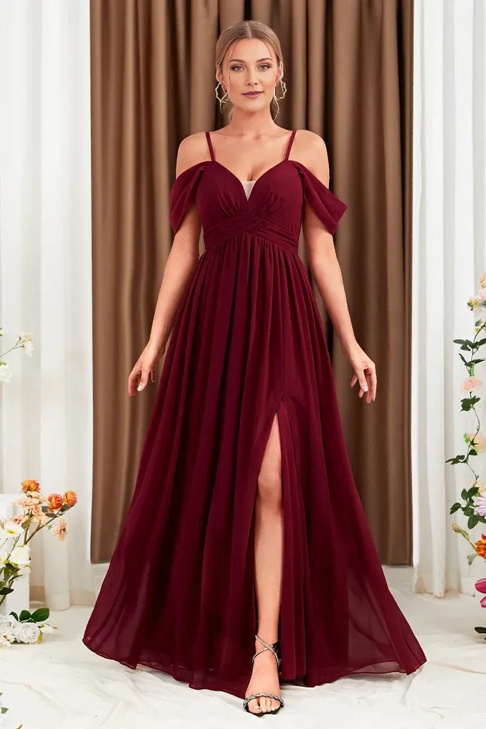 Dress A-Line Cold Shoulder Burgundy Formal Dress Party Dress Sleeveless Maxi Dress With Slit Prom Dress