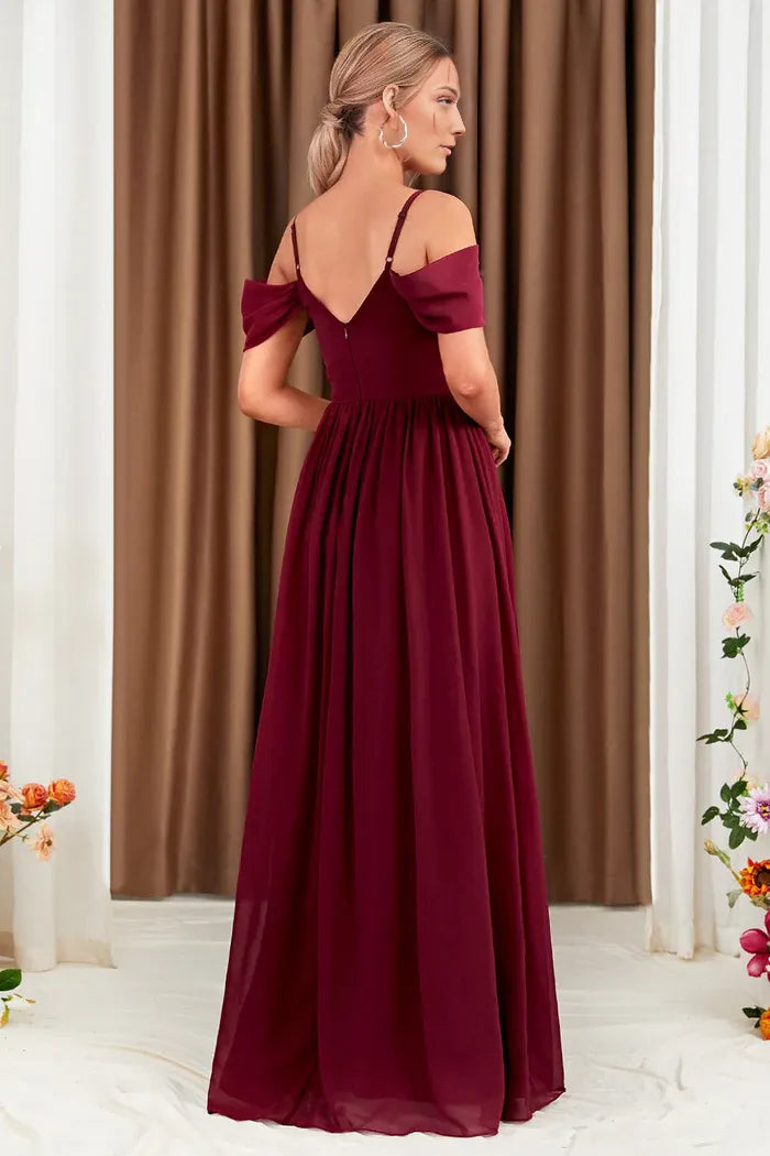 Dress A-Line Cold Shoulder Burgundy Formal Dress Party Dress Sleeveless Maxi Dress With Slit Prom Dress