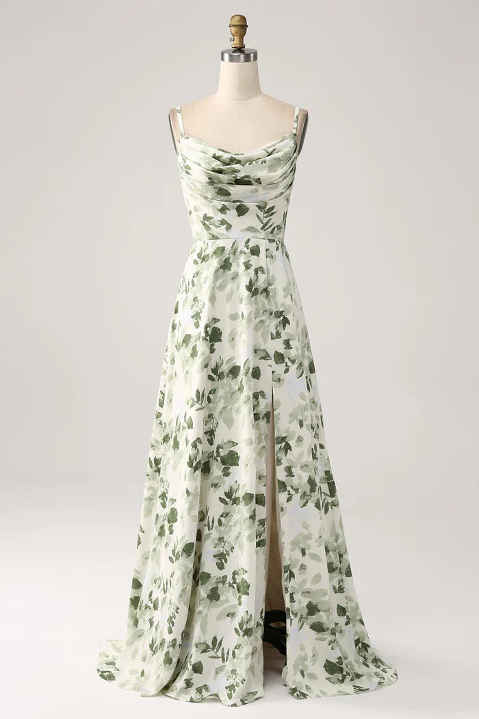 Dress A-Line Cowl Neck Green Floral Prom Dress Maxi Dress Lace Up Sleeveless Party Dress