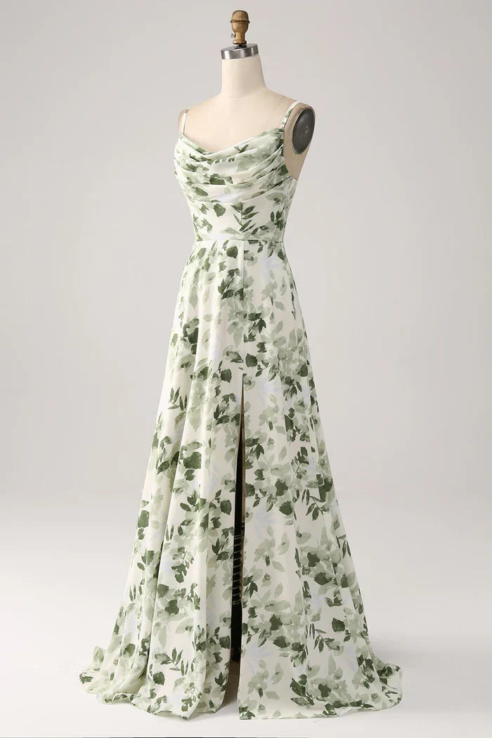 Dress A-Line Cowl Neck Green Floral Prom Dress Maxi Dress Lace Up Sleeveless Party Dress