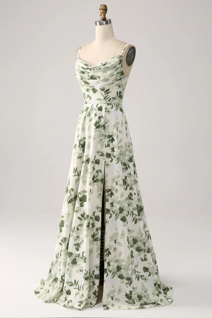 Dress A-Line Cowl Neck Green Floral Prom Dress Maxi Dress Lace Up Sleeveless Party Dress