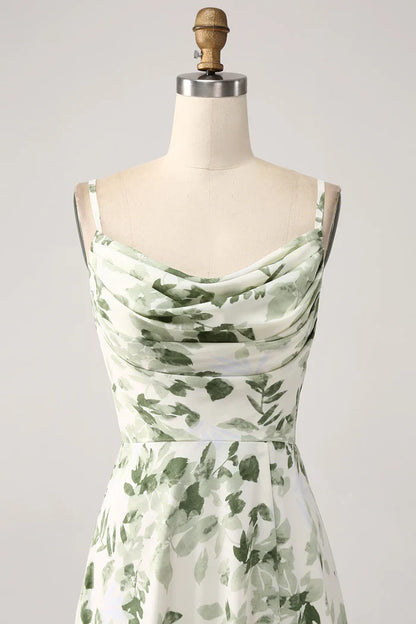 Dress A-Line Cowl Neck Green Floral Prom Dress Maxi Dress Lace Up Sleeveless Party Dress
