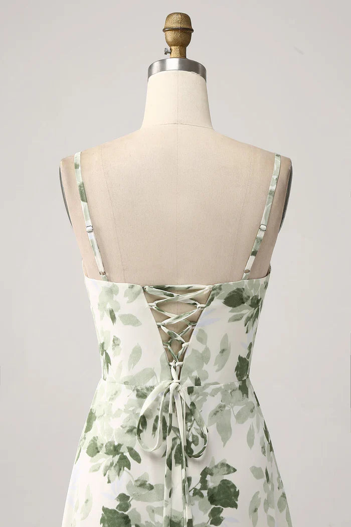 Dress A-Line Cowl Neck Green Floral Prom Dress Maxi Dress Lace Up Sleeveless Party Dress