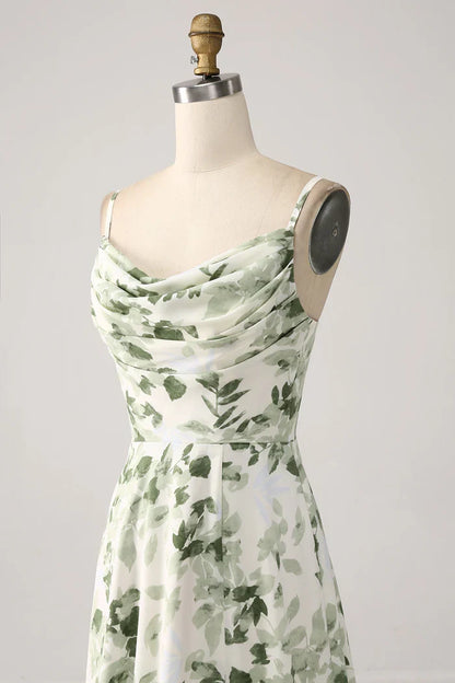 Dress A-Line Cowl Neck Green Floral Prom Dress Maxi Dress Lace Up Sleeveless Party Dress