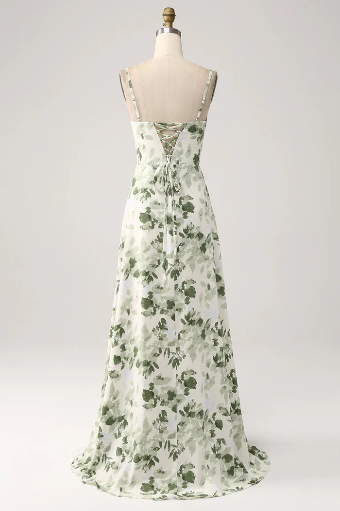 Dress A-Line Cowl Neck Green Floral Prom Dress Maxi Dress Lace Up Sleeveless Party Dress