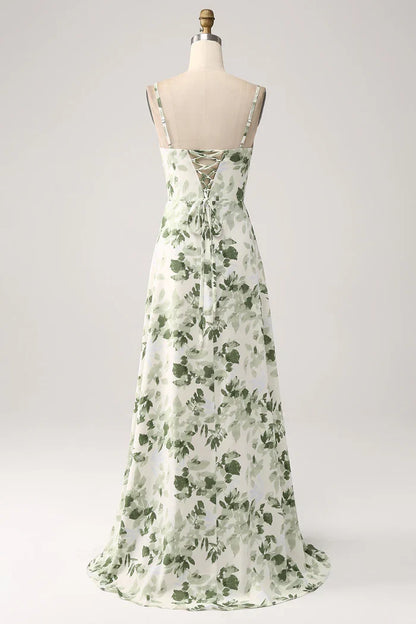 Dress A-Line Cowl Neck Green Floral Prom Dress Maxi Dress Lace Up Sleeveless Party Dress