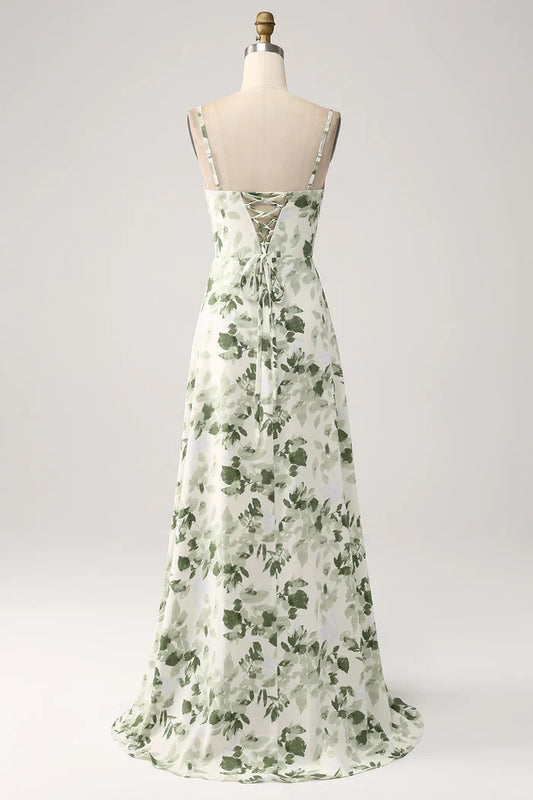 Dress A-Line Cowl Neck Green Floral Prom Dress Maxi Dress Lace Up Sleeveless Party Dress