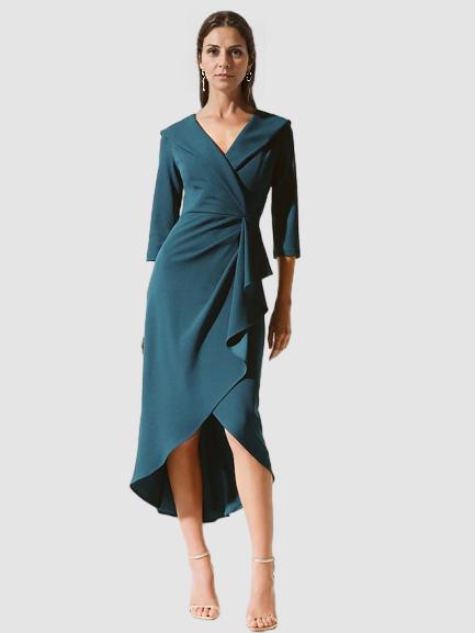 Dress A-Line Dress Elegant V Neck Tea Length 3/4 Length Sleeve with Pick Up Skirt Ruched Solid Color Mother of the Bride Dress