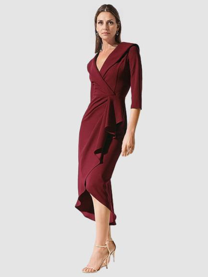 Dress A-Line Dress Elegant V Neck Tea Length 3/4 Length Sleeve with Pick Up Skirt Ruched Solid Color Mother of the Bride Dress
