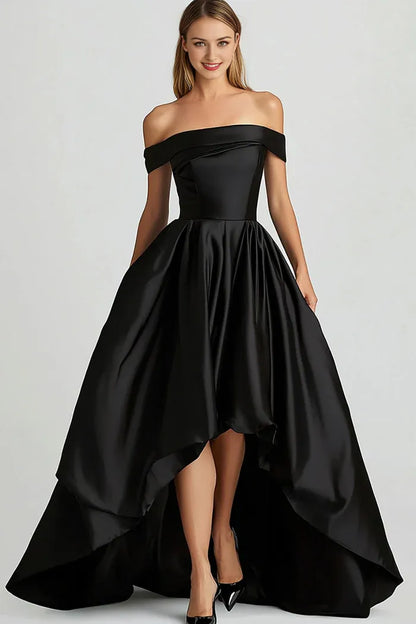 Dress A-Line Elegant Black Off the Shoulder Satin Asymmetrical Prom Dress With Lace Up