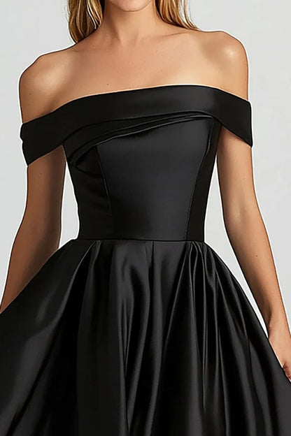 Dress A-Line Elegant Black Off the Shoulder Satin Asymmetrical Prom Dress With Lace Up