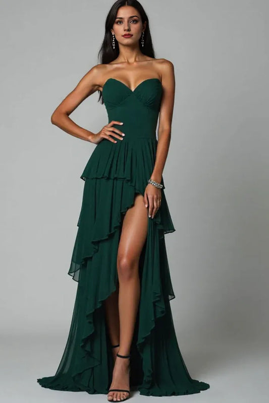 Dress A-Line Elegant Dark Green Strapless Sleeveless Tiered Prom Dress With Slit