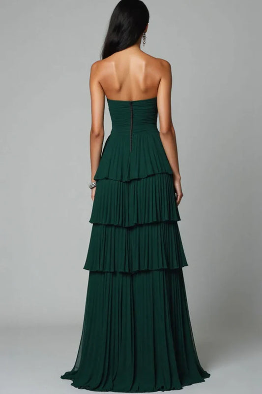 Dress A-Line Elegant Dark Green Strapless Sleeveless Tiered Prom Dress With Slit