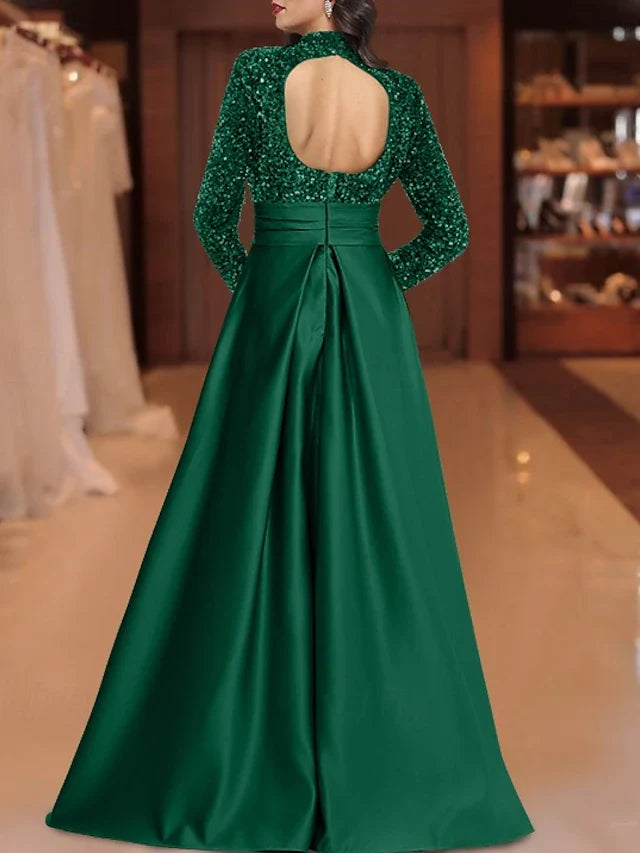 Dress A-Line Elegant Dress Formal Floor Length Long Sleeve Jewel Neck Satin With Glitter Evening Dress