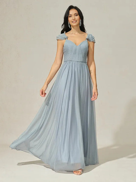Dress A-Line Elegant Dress Formal Floor Length Short Sleeve V Neck Chiffon With Ruched Evening Dress