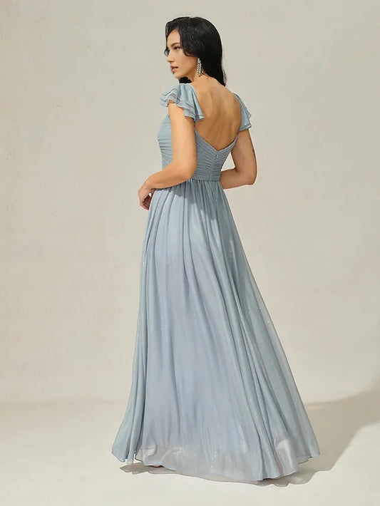 Dress A-Line Elegant Dress Formal Floor Length Short Sleeve V Neck Chiffon With Ruched Evening Dress